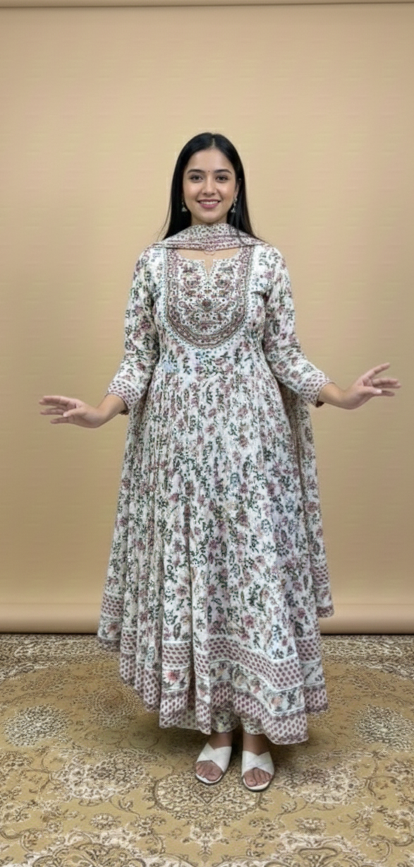 Ivory Floral Printed Anarkali Suit Set with Dupatta