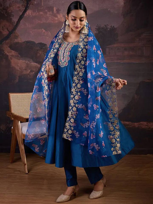 Royal Teal Silk Anarkali Suit with Floral Organza Embroidered Dupatta