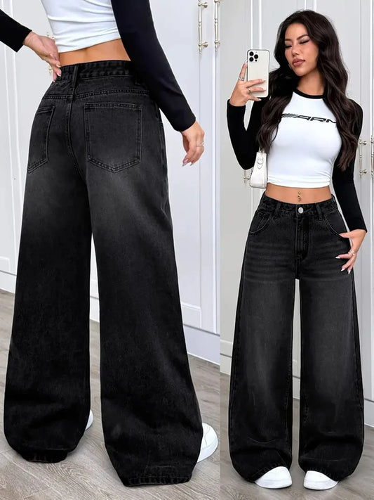Black Wide-Leg Baggy Denim Jeans