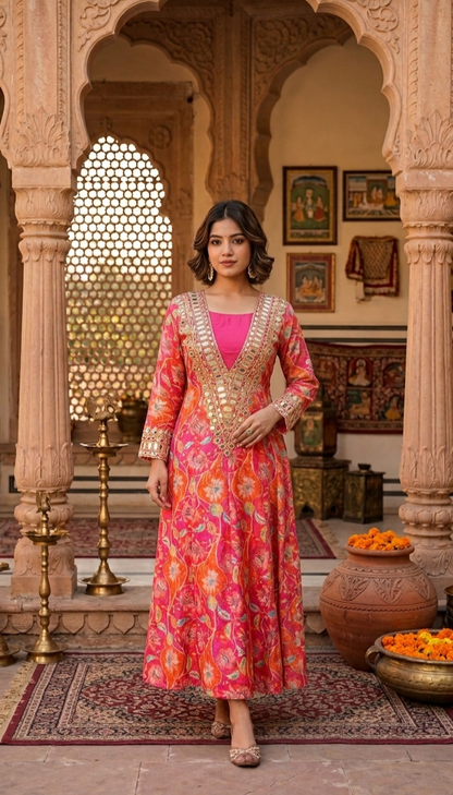 Gulnaar Pink Floral Embroidered Anarkali Kurta Set